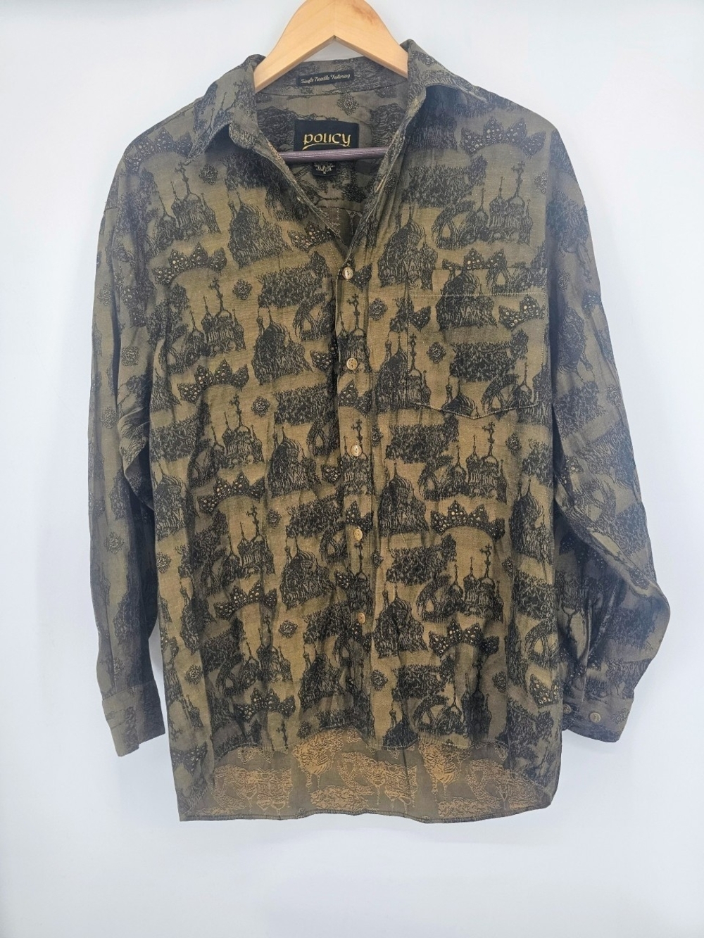 Vintage Policy Korea Abstract Cathedral Print Rayon Button Up Blouse Womens S
